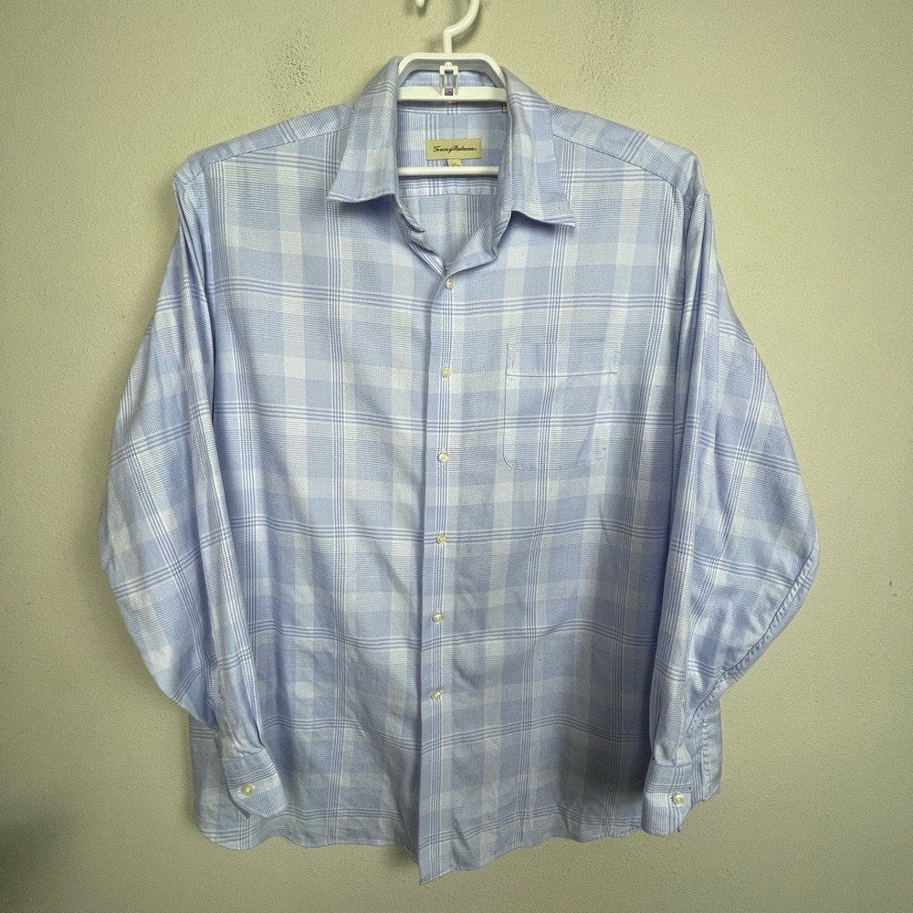 Tommy Bahama Camp Shirt Men's Size 17 34/35 Blue White Long Sleeve Button-Down